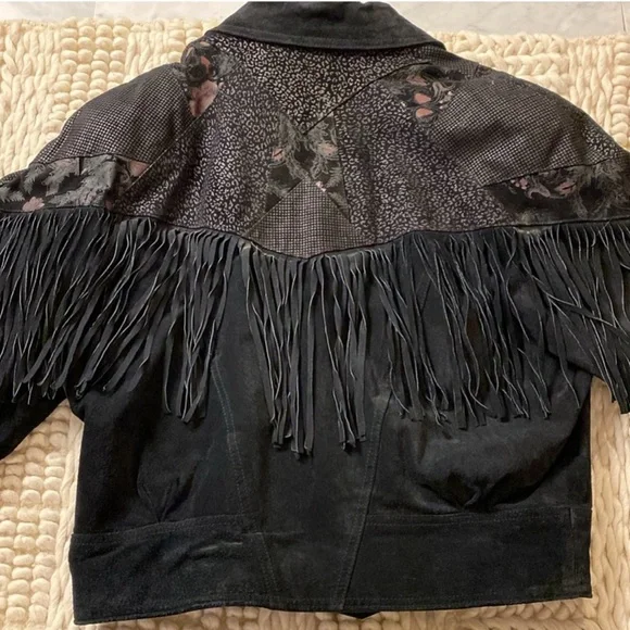 Vintage Cosa Nova Black Suede Leather Fringe Bomber Coat with Floral Print M L - Picture 8 of 12
